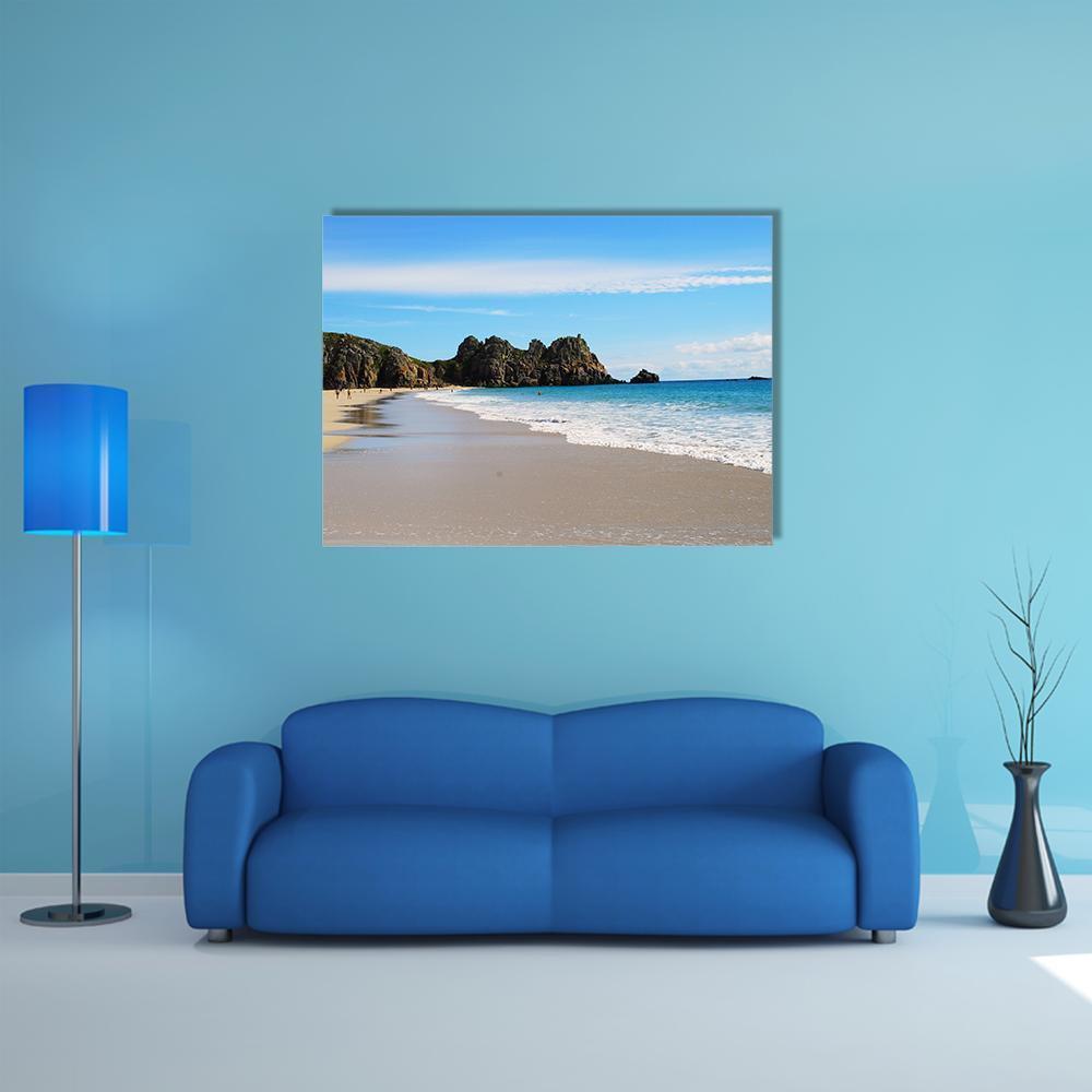 Porth Curno Beach In Cornwall Canvas Wall Art-1 Piece-Gallery Wrap-48" x 32"-Tiaracle
