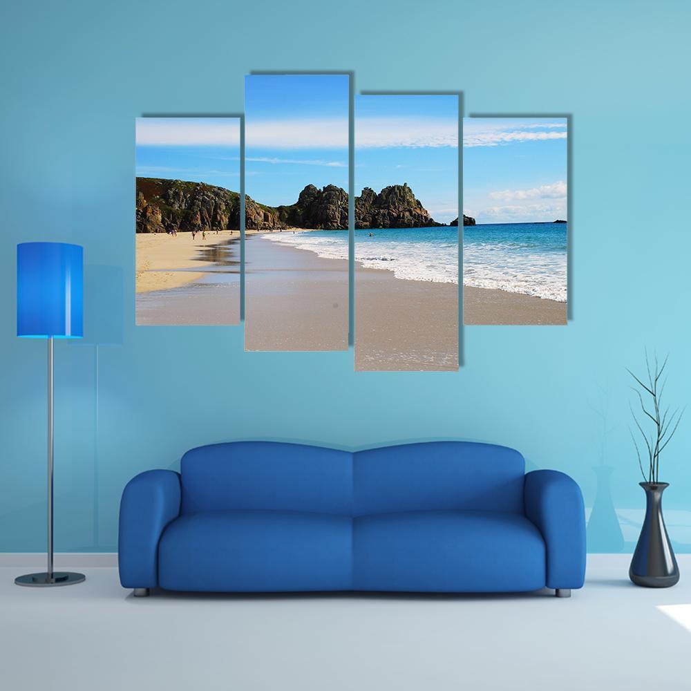 Porth Curno Beach In Cornwall Canvas Wall Art-4 Pop-Gallery Wrap-50" x 32"-Tiaracle
