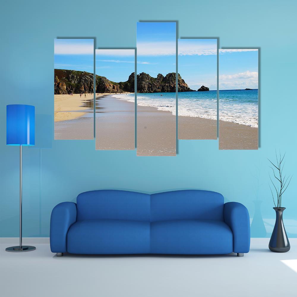 Porth Curno Beach In Cornwall Canvas Wall Art-5 Pop-Gallery Wrap-47" x 32"-Tiaracle