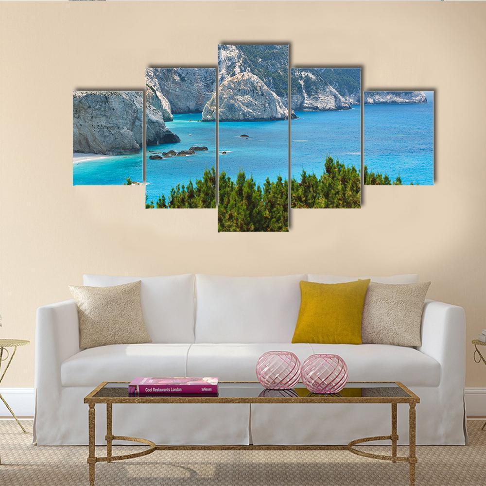 Porto Katsiki Coast On Lefkada Island Canvas Wall Art-5 Star-Gallery Wrap-62" x 32"-Tiaracle