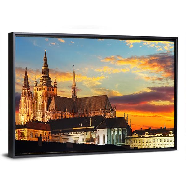 Prague Castle At Sunset Canvas Wall Art-3 Horizontal-Gallery Wrap-25" x 16"-Tiaracle