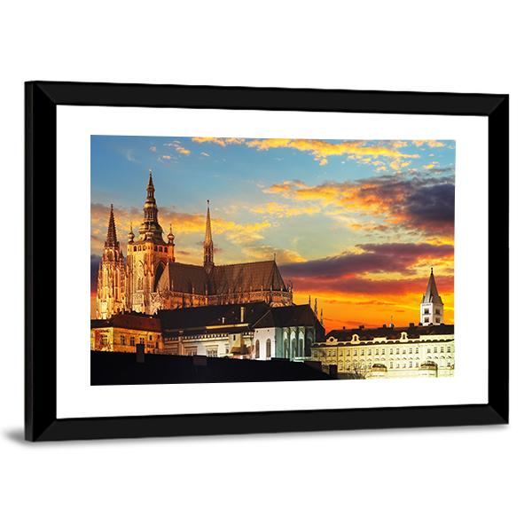 Prague Castle At Sunset Canvas Wall Art-3 Horizontal-Gallery Wrap-25" x 16"-Tiaracle
