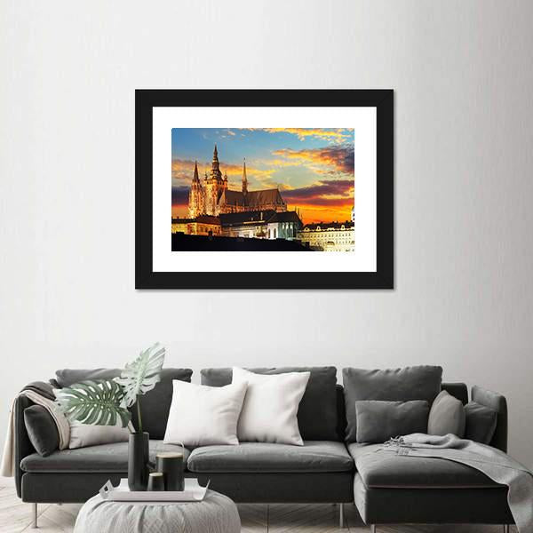 Prague Castle At Sunset Canvas Wall Art-3 Horizontal-Gallery Wrap-25" x 16"-Tiaracle