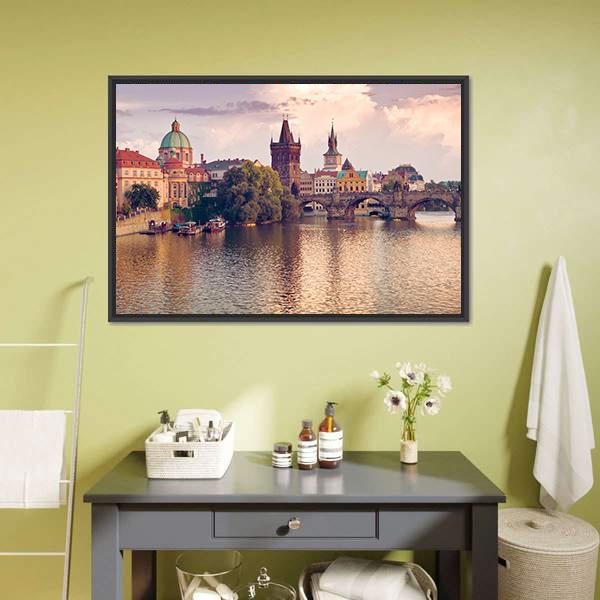 Prague Old Town With River Canvas Wall Art-5 Horizontal-Gallery Wrap-22" x 12"-Tiaracle