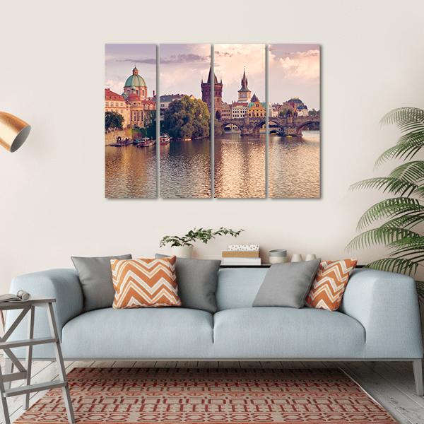 Prague Old Town With River Canvas Wall Art-4 Horizontal-Gallery Wrap-34" x 24"-Tiaracle
