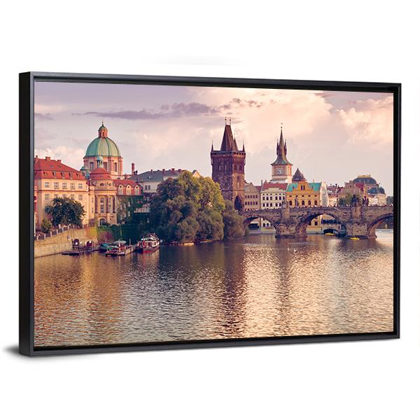 Prague Old Town With River Canvas Wall Art-3 Horizontal-Gallery Wrap-25" x 16"-Tiaracle