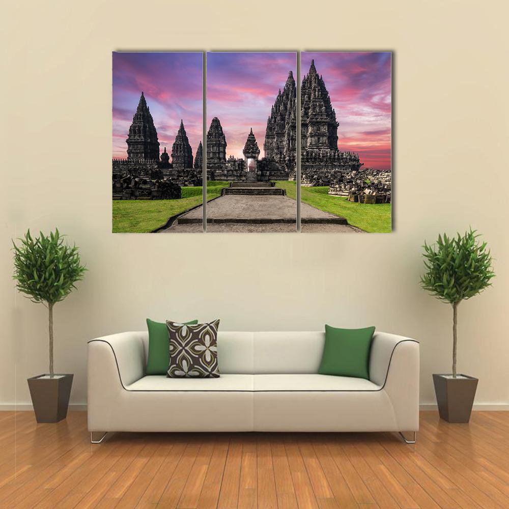 Prambanan Temple Against Sunrise Sky Canvas Wall Art-3 Horizontal-Gallery Wrap-37" x 24"-Tiaracle