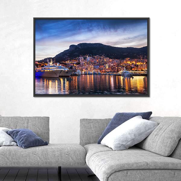 Principality Of Monaco Evening Skyline Canvas Wall Art-3 Horizontal-Gallery Wrap-25" x 16"-Tiaracle