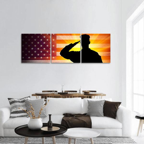 Proud Saluting Male Army Soldier On Grungy American Flag Panoramic Canvas Wall Art-3 Piece-25" x 08"-Tiaracle