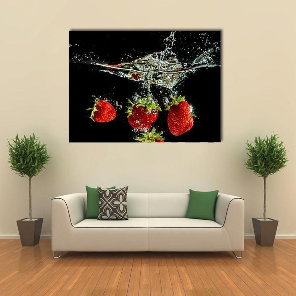 Pure Falling Strawberry Into Water Canvas Wall Art-1 Piece-Gallery Wrap-48" x 32"-Tiaracle
