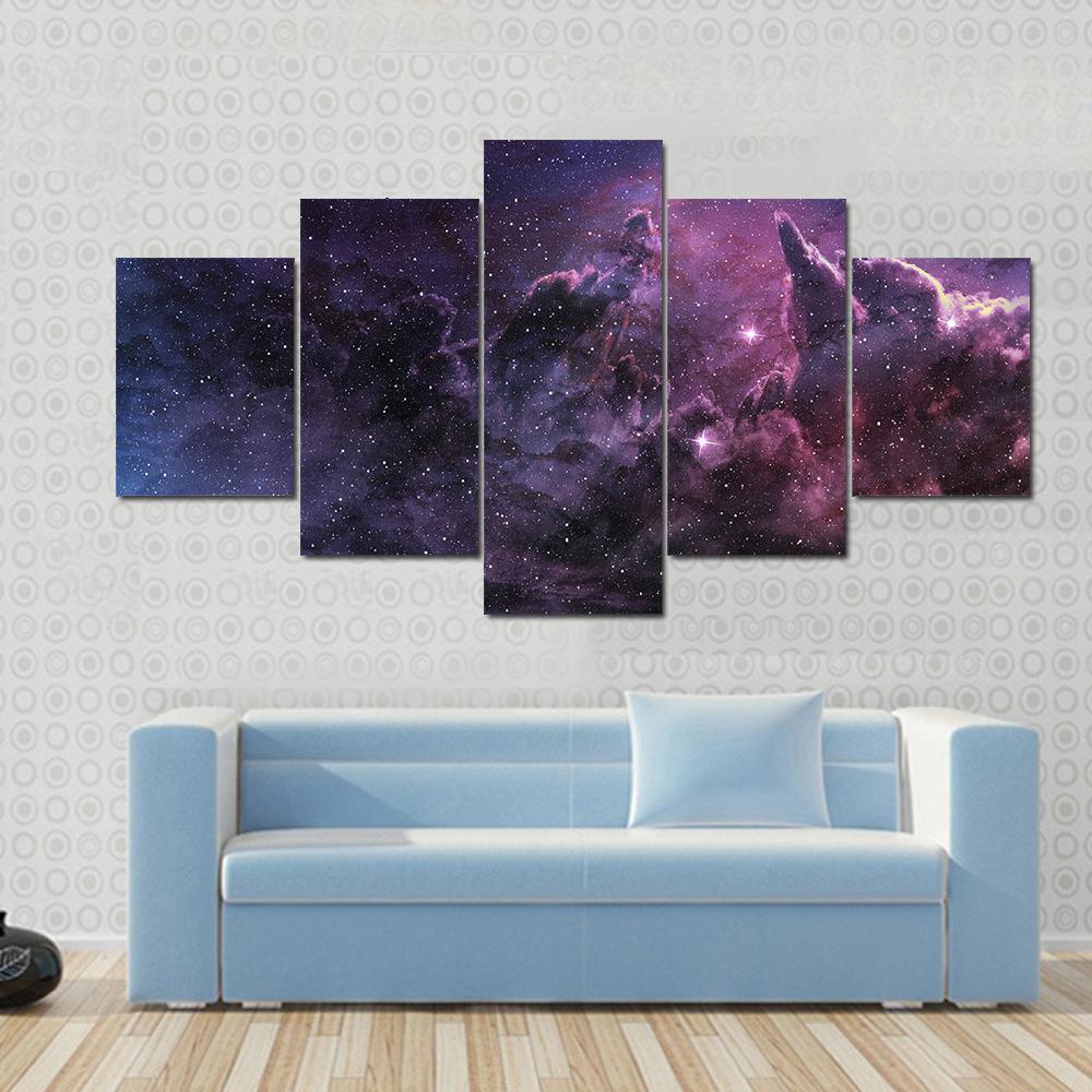 Purple Nebula And Cosmic Dust In Star Field Canvas Wall Art-5 Star-Gallery Wrap-62" x 32"-Tiaracle