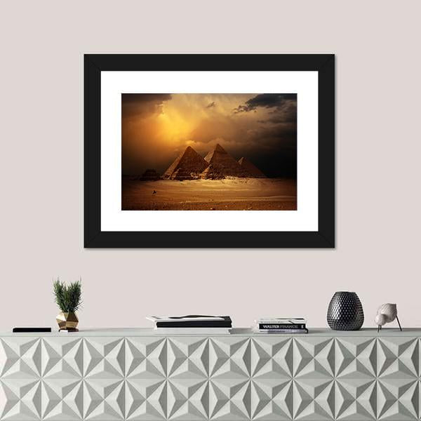 Pyramids In Giza Valley Under Dark Clouds Canvas Wall Art-1 Piece-Framed Print-20" x 16"-Tiaracle