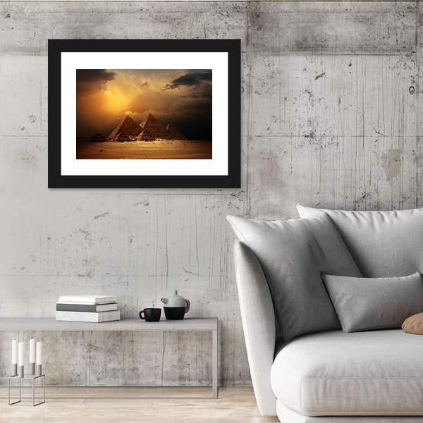 Pyramids In Giza Valley Under Dark Clouds Canvas Wall Art-3 Horizontal-Gallery Wrap-25" x 16"-Tiaracle