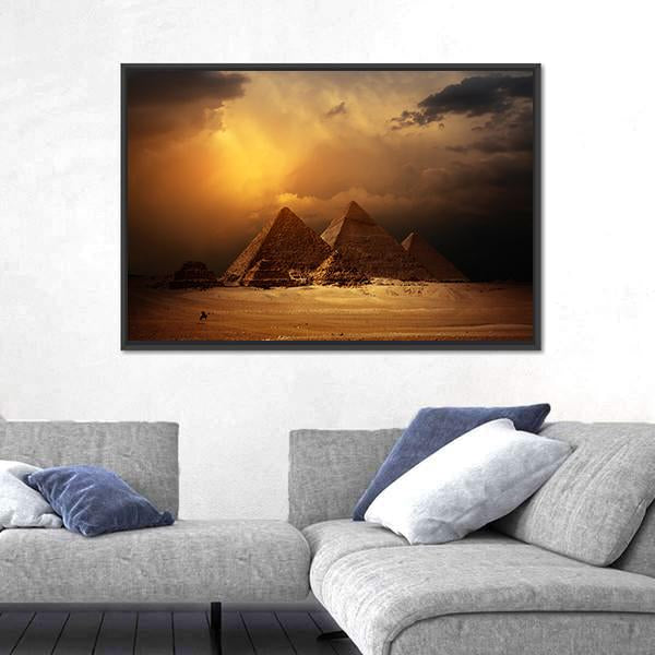 Pyramids In Giza Valley Under Dark Clouds Canvas Wall Art-3 Horizontal-Gallery Wrap-25" x 16"-Tiaracle