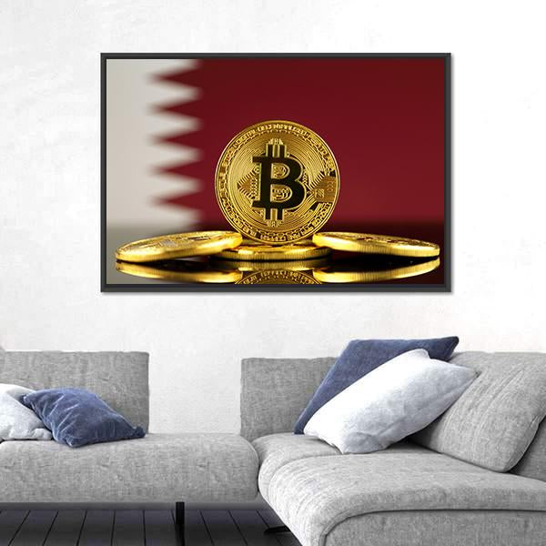 Qatar Flag With Bitcoins Canvas Wall Art-3 Horizontal-Gallery Wrap-25" x 16"-Tiaracle