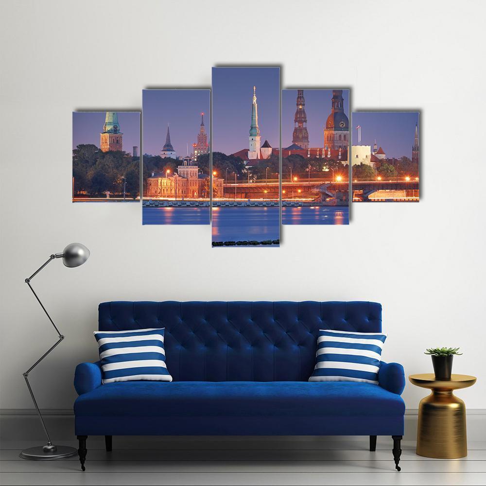 Quay Of Daugava River In Riga Canvas Wall Art-5 Star-Gallery Wrap-62" x 32"-Tiaracle