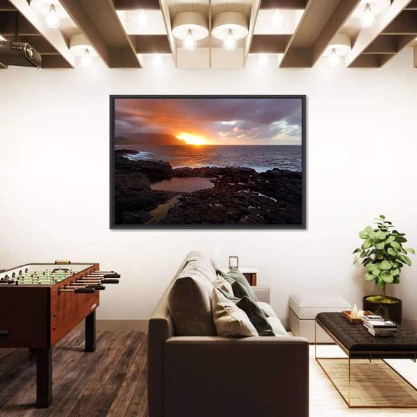 Queen's Bath On Sunset On Island Of Kauai Panoramic Canvas Wall Art-1 Piece-36" x 12"-Tiaracle