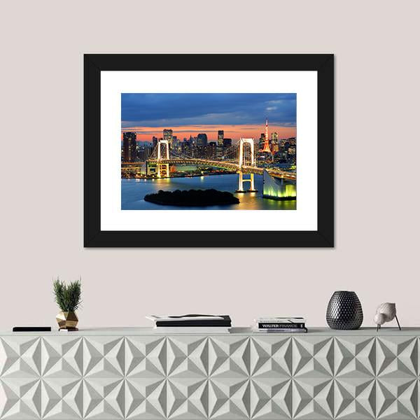 Rainbow Bridge Spanning Tokyo Bay With Tokyo Tower Canvas Wall Art-1 Piece-Framed Print-20" x 16"-Tiaracle