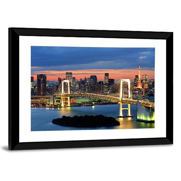 Rainbow Bridge Spanning Tokyo Bay With Tokyo Tower Canvas Wall Art-3 Horizontal-Gallery Wrap-25" x 16"-Tiaracle