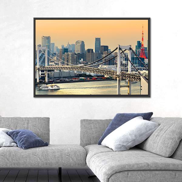 Rainbow Bridge & Tokyo Tower Canvas Wall Art-1 Piece-Floating Frame-24" x 16"-Tiaracle
