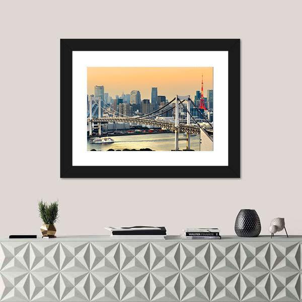 Rainbow Bridge & Tokyo Tower Canvas Wall Art-5 Horizontal-Gallery Wrap-22" x 12"-Tiaracle