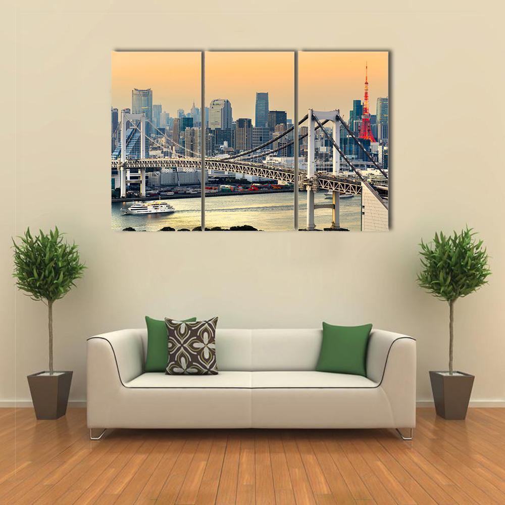 Rainbow Bridge & Tokyo Tower Canvas Wall Art-3 Horizontal-Gallery Wrap-37" x 24"-Tiaracle