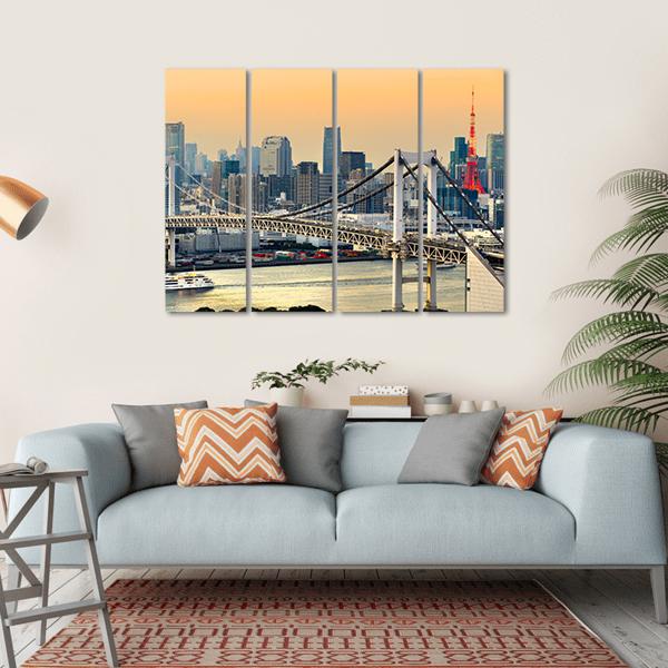 Rainbow Bridge & Tokyo Tower Canvas Wall Art-4 Horizontal-Gallery Wrap-34" x 24"-Tiaracle