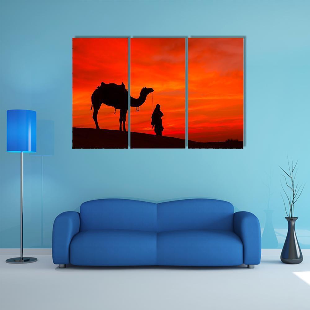 Rajasthan Desert With Camel And Man Canvas Wall Art-3 Horizontal-Gallery Wrap-37" x 24"-Tiaracle