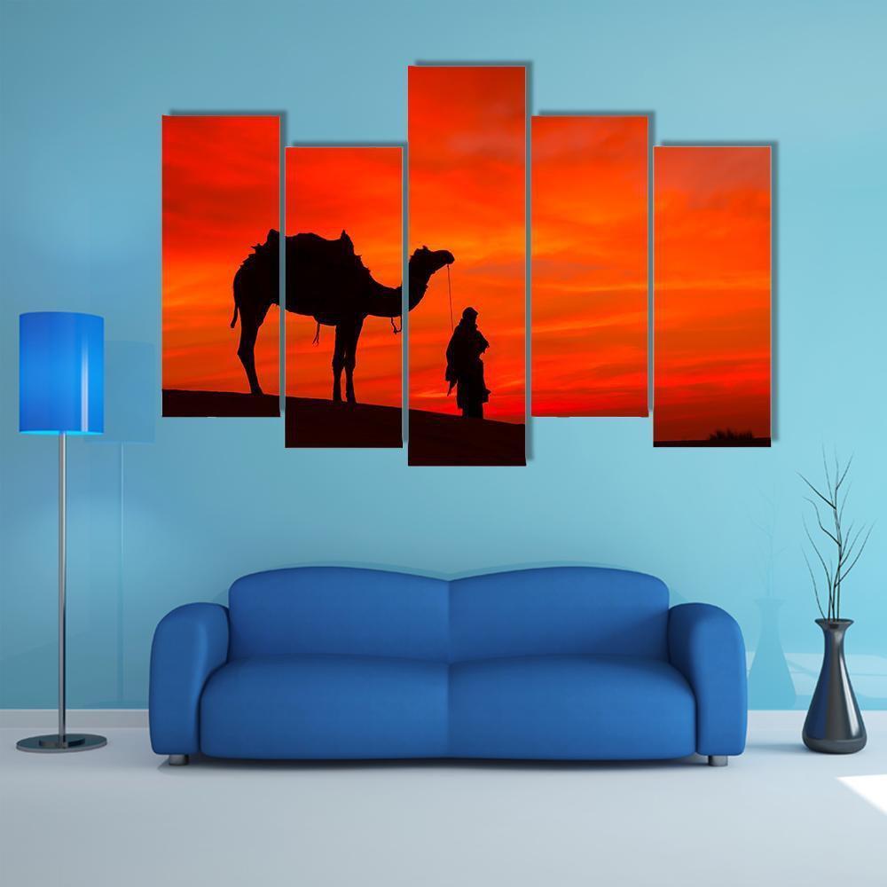 Rajasthan Desert With Camel And Man Canvas Wall Art-5 Pop-Gallery Wrap-47" x 32"-Tiaracle