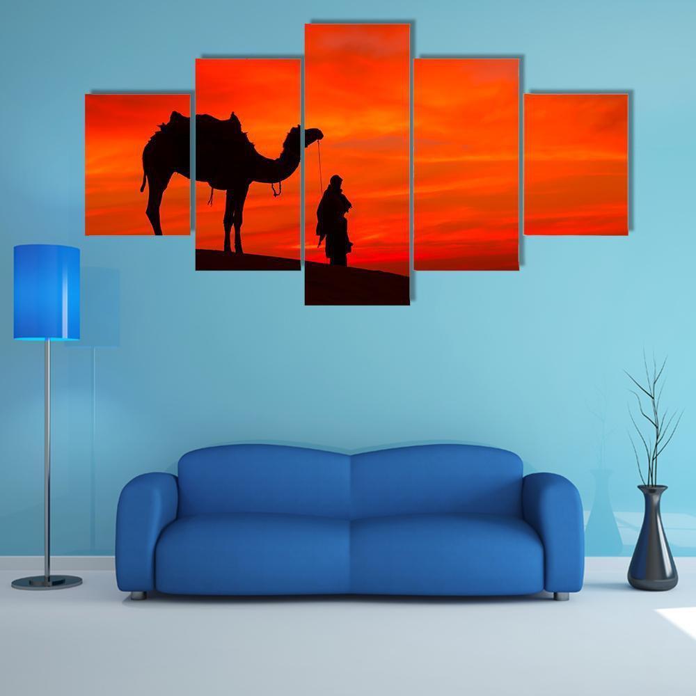 Rajasthan Desert With Camel And Man Canvas Wall Art-5 Star-Gallery Wrap-62" x 32"-Tiaracle