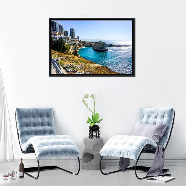 Raouche Rocks & Sea Canvas Wall Art-1 Piece-Floating Frame-24" x 16"-Tiaracle