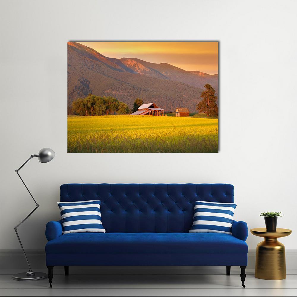 Rapeseed Farm And Barn In Evening Sun Light Canvas Wall Art-1 Piece-Gallery Wrap-48" x 32"-Tiaracle