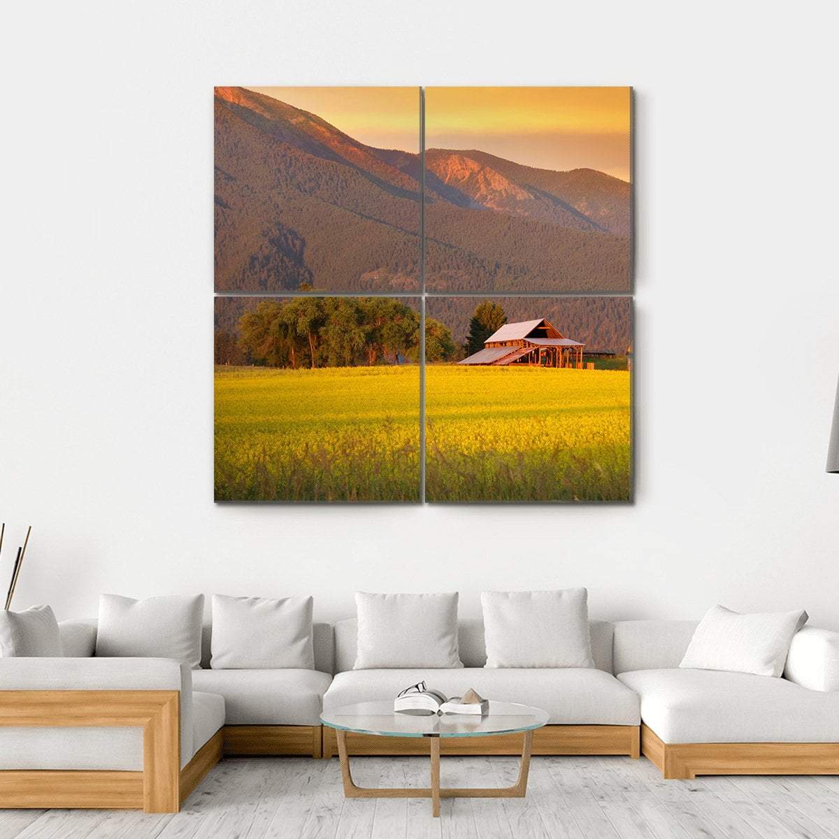 Rapeseed Farm And Barn In Evening Sun Light Canvas Wall Art-4 Square-Gallery Wrap-17" x 17"-Tiaracle