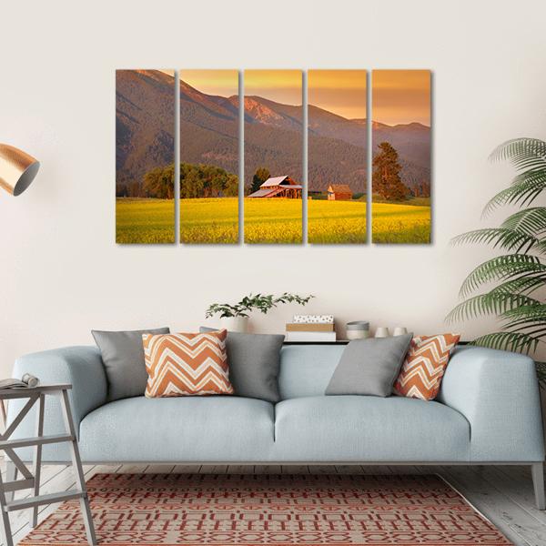Rapeseed Farm And Barn In Evening Sun Light Canvas Wall Art-5 Horizontal-Gallery Wrap-22" x 12"-Tiaracle