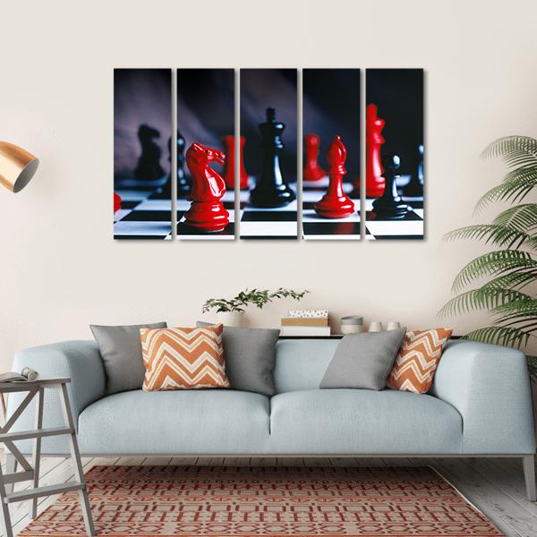 Red And Black Chess Pieces And Board Canvas Wall Art-5 Horizontal-Gallery Wrap-22" x 12"-Tiaracle