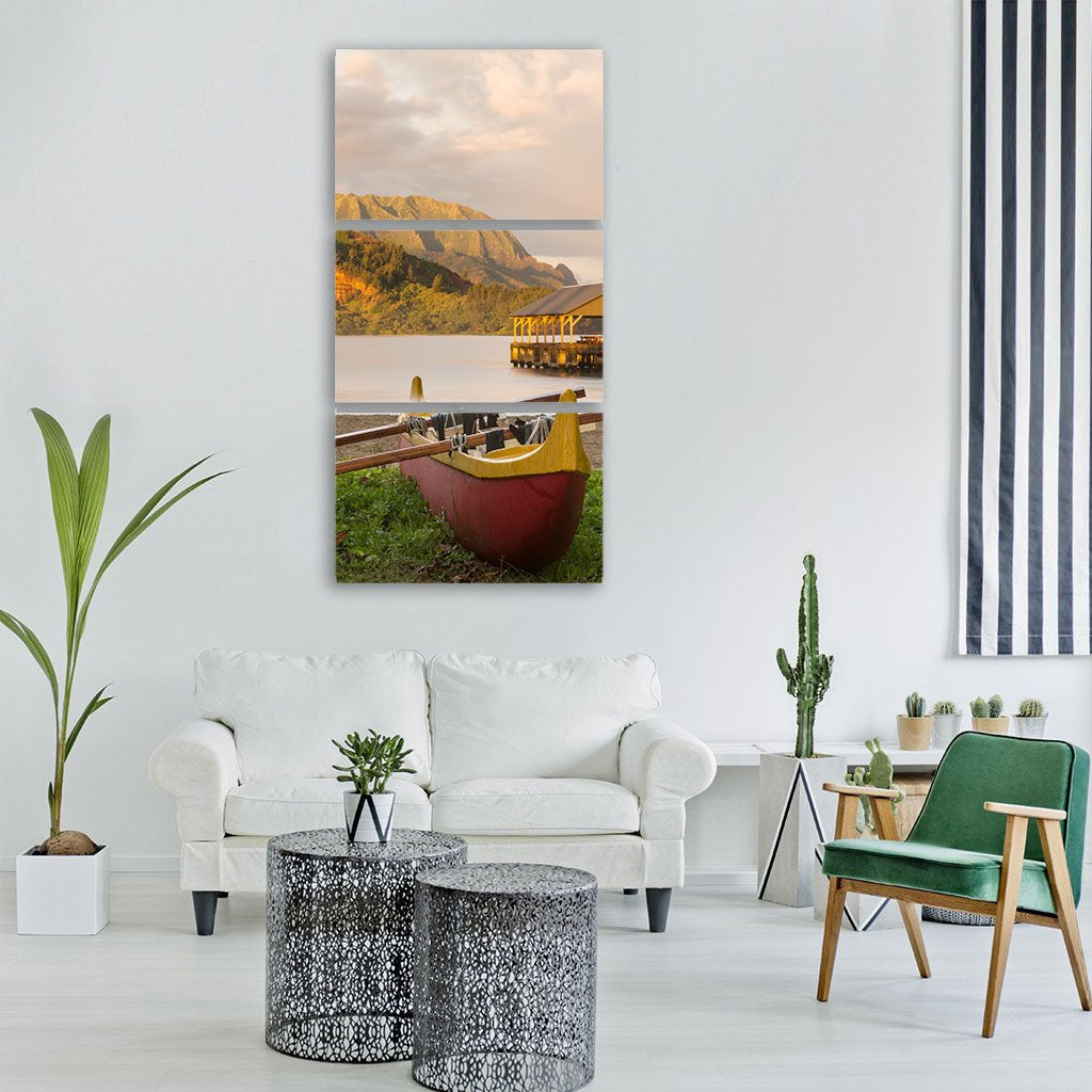 Red And Yellow Hawaiian Canoe With Outrigger On The Beach Vertical Canvas Wall Art-3 Vertical-Gallery Wrap-12" x 25"-Tiaracle