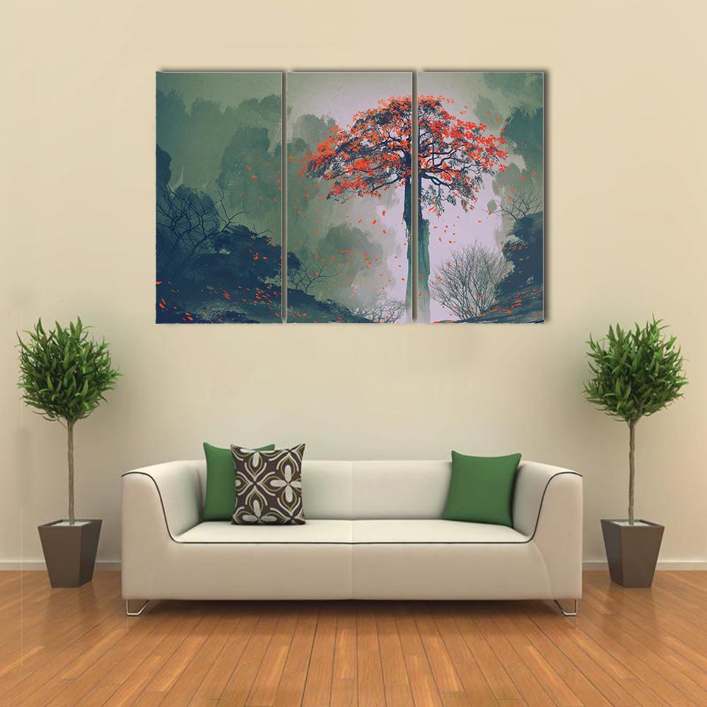 Red Autumn Tree Canvas Wall Art-3 Horizontal-Gallery Wrap-37" x 24"-Tiaracle