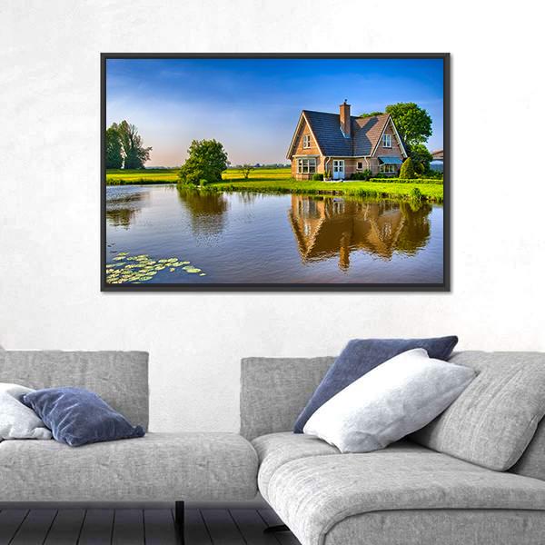 Red Bricks House Near Lake Canvas Wall Art-3 Horizontal-Gallery Wrap-25" x 16"-Tiaracle
