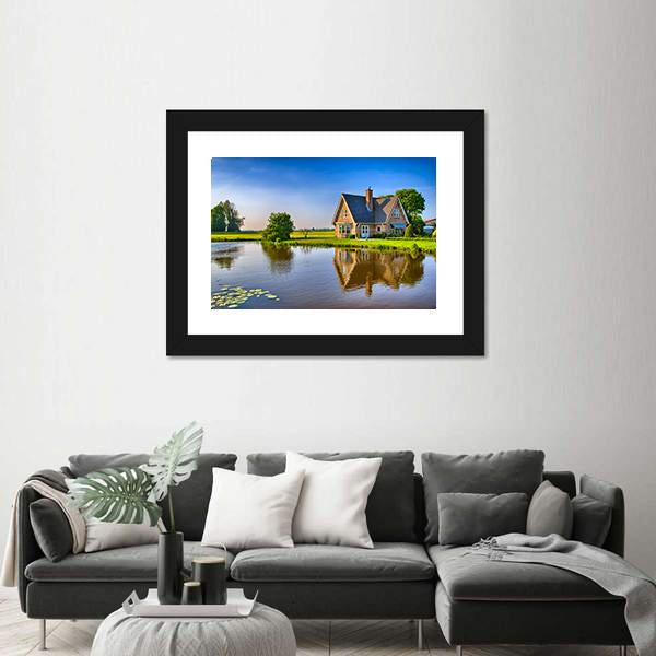 Red Bricks House Near Lake Canvas Wall Art-3 Horizontal-Gallery Wrap-25" x 16"-Tiaracle