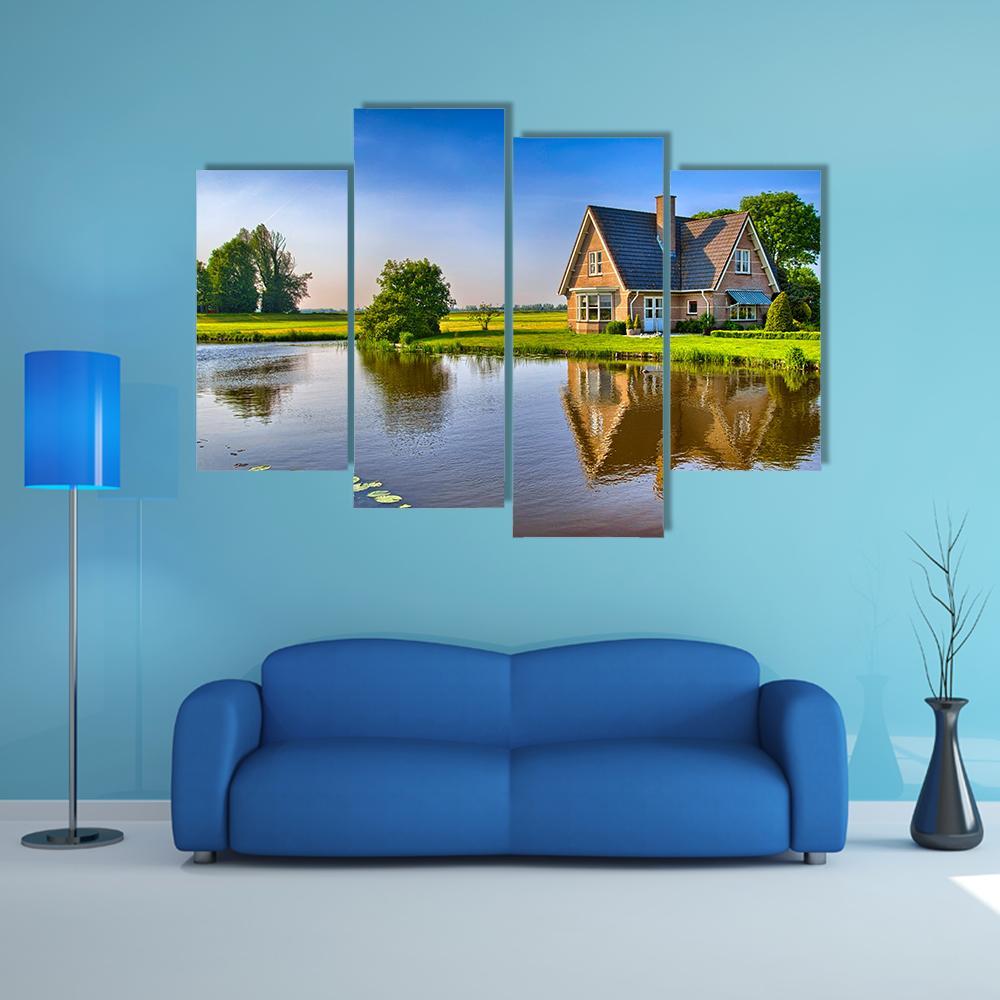 Red Bricks House Near Lake Canvas Wall Art-4 Pop-Gallery Wrap-50" x 32"-Tiaracle