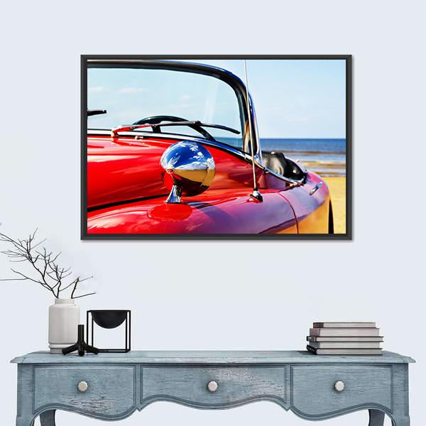 Red Car At Beach Canvas Wall Art-1 Piece-Floating Frame-24" x 16"-Tiaracle