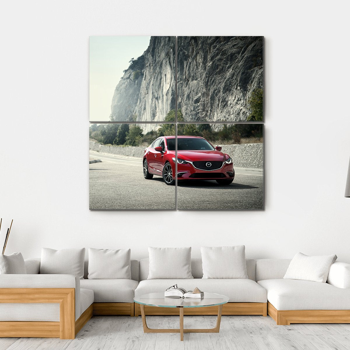 Red Car Near Mountains Canvas Wall Art-4 Square-Gallery Wrap-17" x 17"-Tiaracle