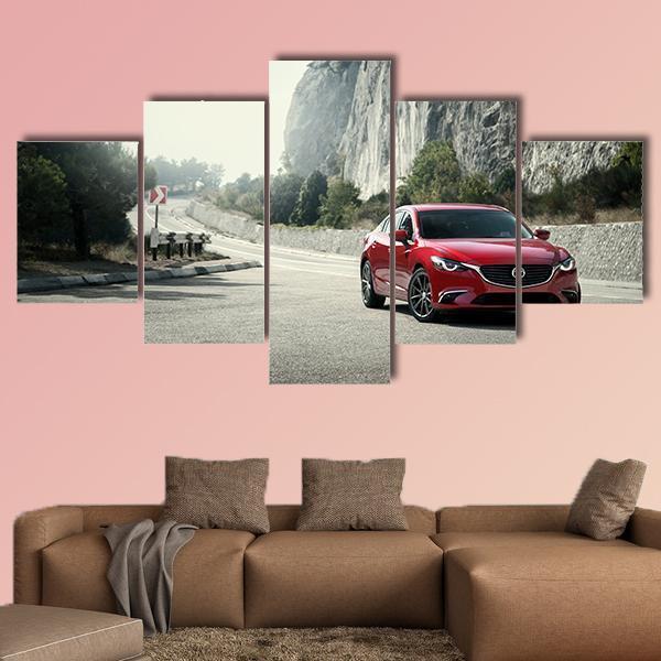Red Car Mazda Standing On The Road Near Mountains Canvas Wall Art-5 Star-Gallery Wrap-62" x 32"-Tiaracle