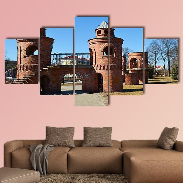 Red Children's Castle In Pinsk Belarus Canvas Wall Art-5 Star-Gallery Wrap-62" x 32"-Tiaracle
