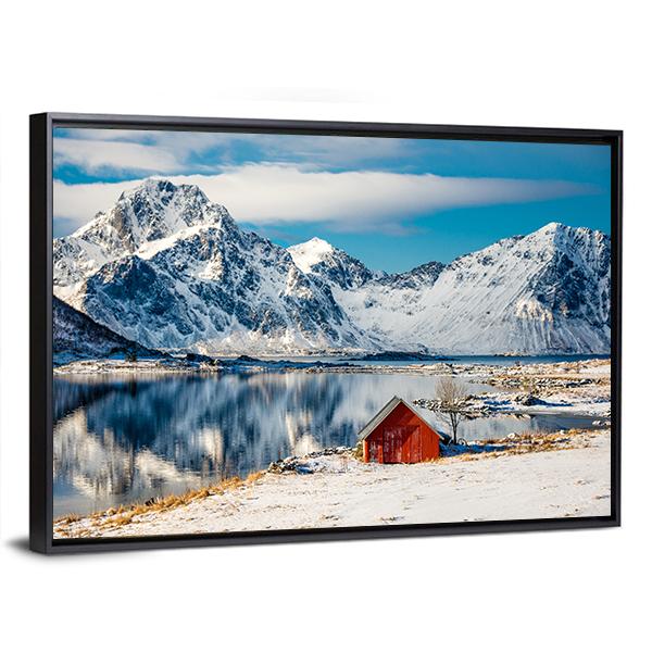 Red Cottage Near The Lake Water Canvas Wall Art-3 Horizontal-Gallery Wrap-25" x 16"-Tiaracle