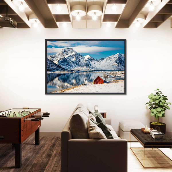 Red Cottage Near The Lake Water Canvas Wall Art-3 Horizontal-Gallery Wrap-25" x 16"-Tiaracle