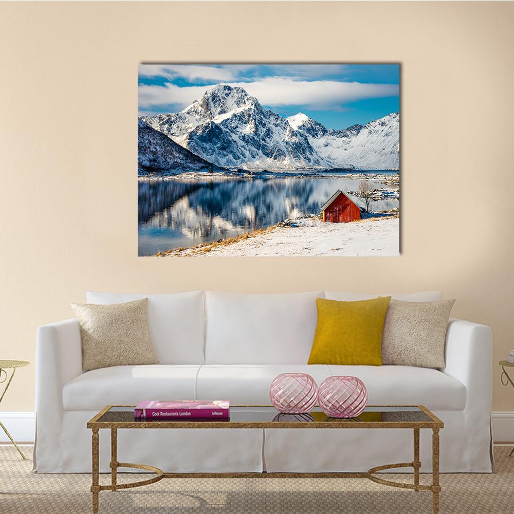 Red Cottage Near The Lake Water Canvas Wall Art-1 Piece-Gallery Wrap-48" x 32"-Tiaracle
