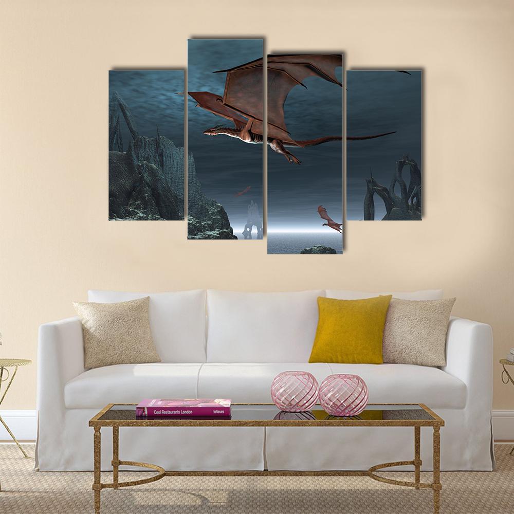 Red Dragons Flying Canvas Wall Art-4 Pop-Gallery Wrap-50" x 32"-Tiaracle