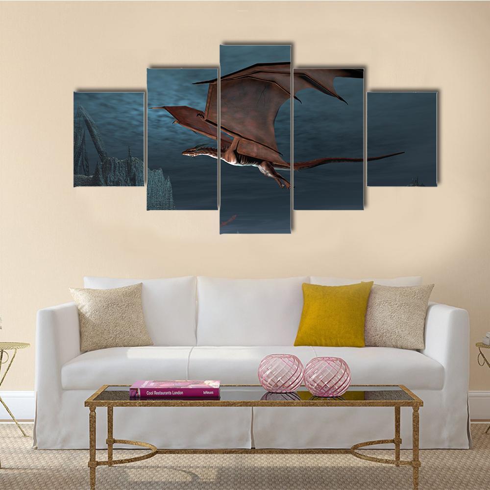 Red Dragons Flying Canvas Wall Art-5 Star-Gallery Wrap-62" x 32"-Tiaracle