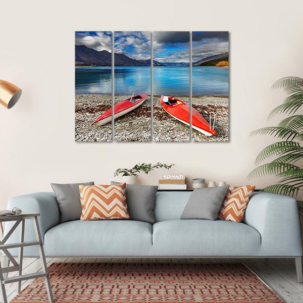 Red kayaks At The Lakeside Canvas Wall Art-4 Horizontal-Gallery Wrap-34" x 24"-Tiaracle
